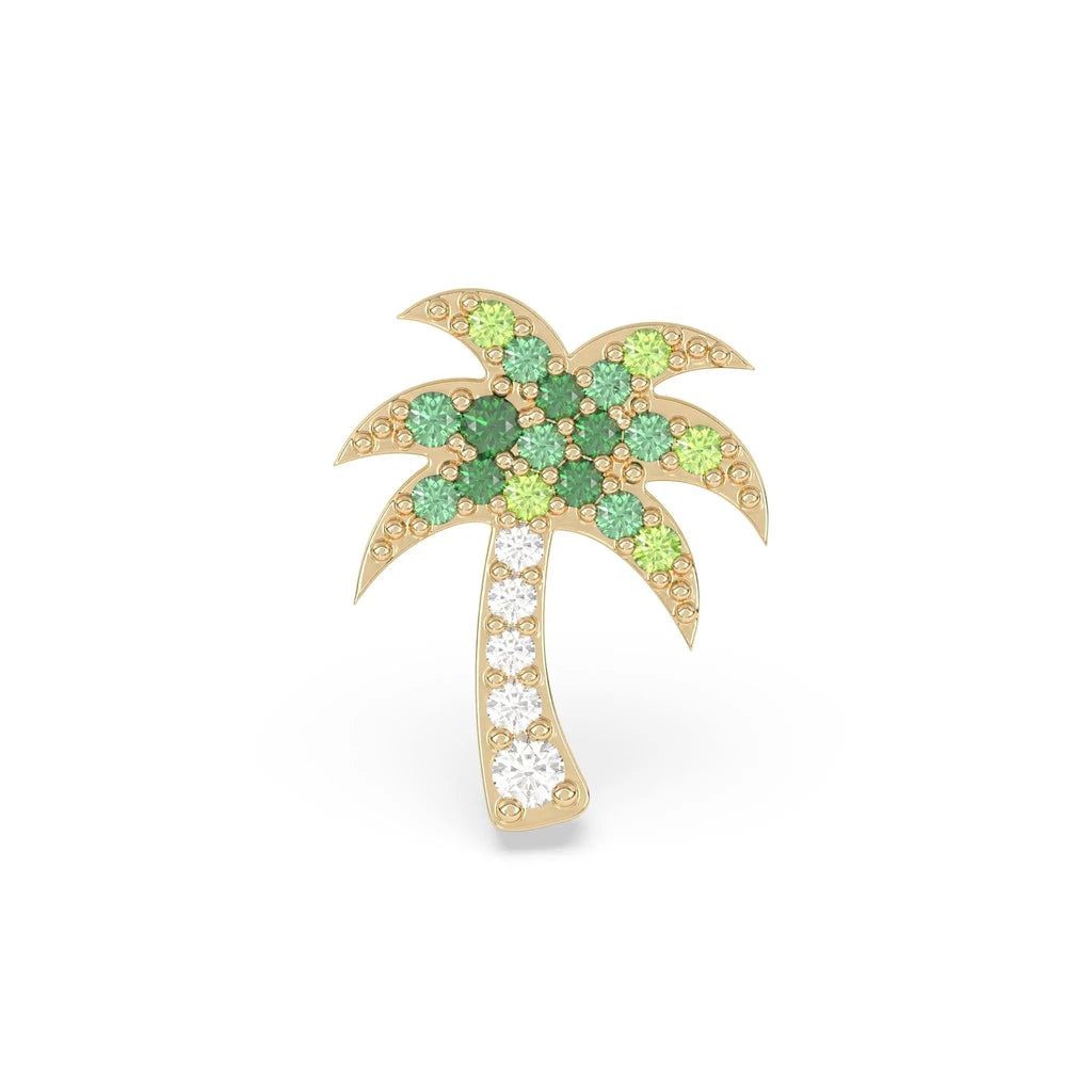 palm tree stud handmade with diamonds and sapphires set in 14k solid gold